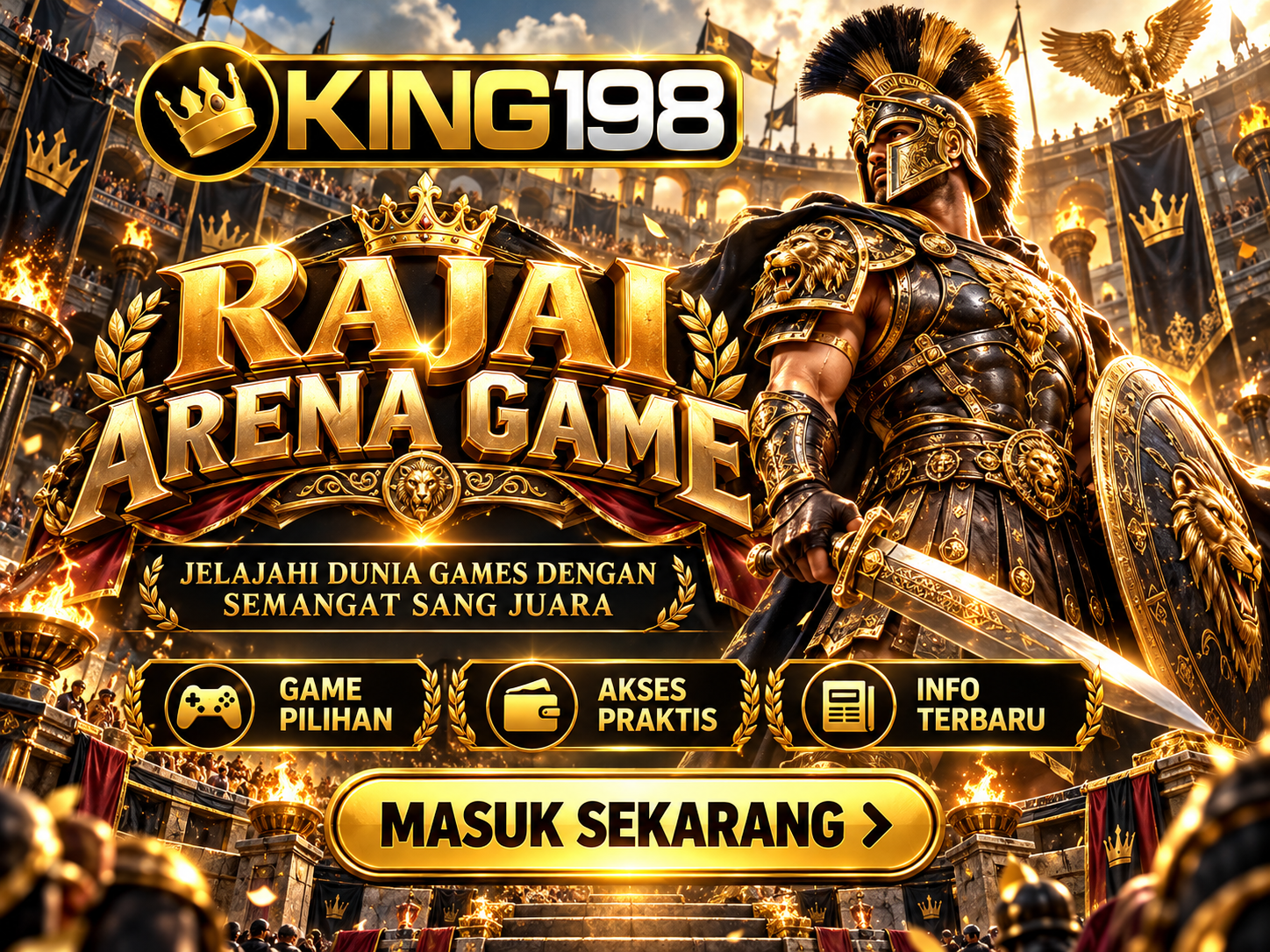 Banner KING198 dengan gladiator berzirah emas di arena koloseum hitam, sorotan cahaya emas, dan mahkota kerajaan.